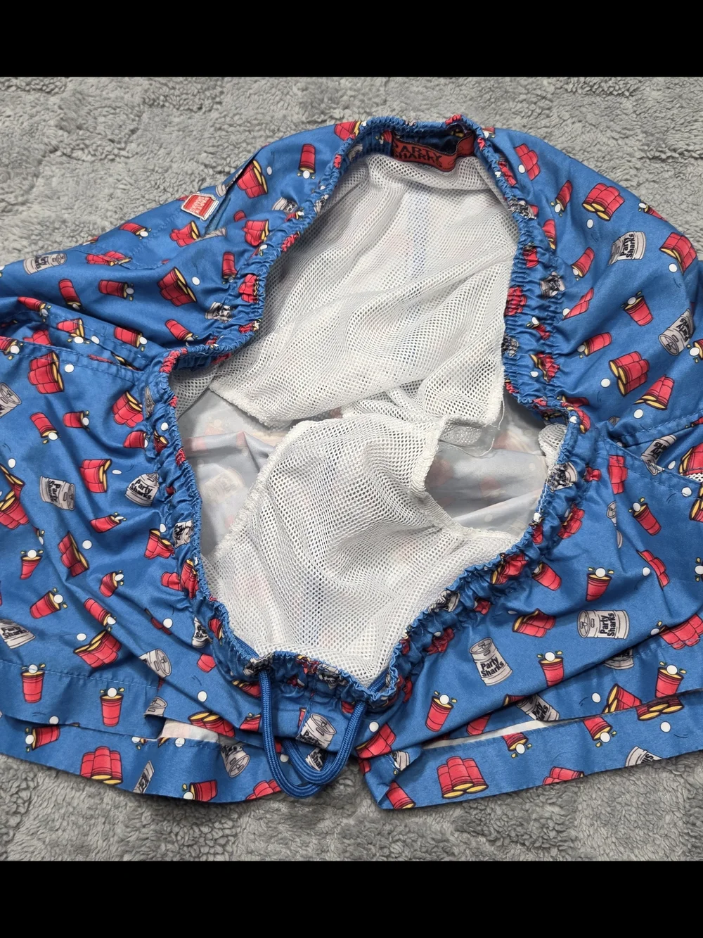 Party Sharks Swim Trunks Men's Blue Printed Swim Trunks with Fun Red Cup Pattern - Picture 7 of 9